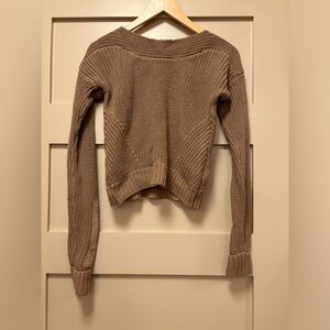 CLUB MONACO Cotton Stretch Crop Boat Neck Slim Rib Knit Brown Sweater Suedette